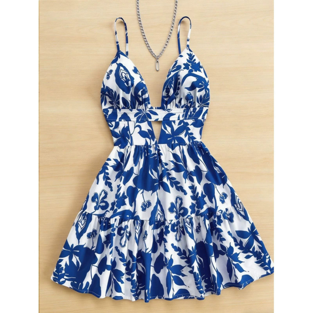 ZARA Floral Backless Spaghetti Strap Tie Back Elastic Waist Beach Dress